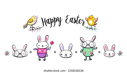 Happy Easter greeting card, poster, with cute, sweet, cool bunny and chick characters. Vector illustration in hand drawing sketch outline style.