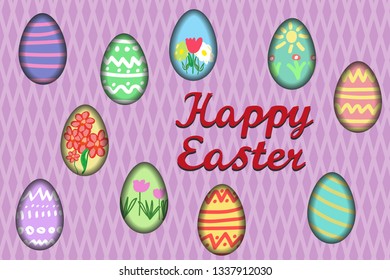 Happy easter greeting card or poster template. Bright colored eggs in paper cut style