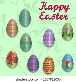 Happy easter greeting card or poster template. Bright colored eggs in paper cut style