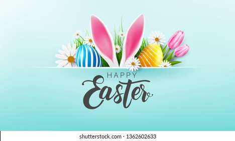 Happy Easter greeting card poster and template with Easter Eggs and flower on blue.Greetings and presents for Easter Day.Promotion and shopping template for Easter Day.Vector illustration EPS10