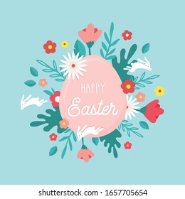 Happy Easter. Greeting card, poster or banner with bunny, flowers and Easter egg. Egg hunt poster. Spring background, vector illustration