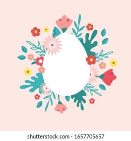 Happy Easter. Greeting card, poster or banner with bunny, flowers and Easter egg. Egg hunt poster. Spring background, vector illustration