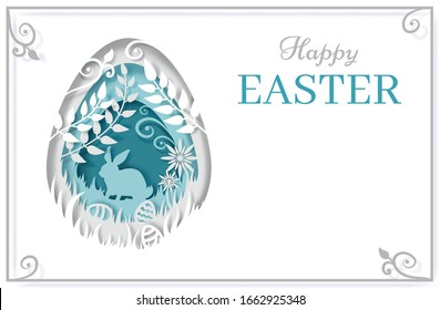 Happy Easter greeting card, poster, banner template. Vector layered paper cut style Easter egg with rabbit, leaves, flowers and eggs inside.