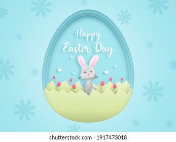 Happy Easter greeting card, poster,  Vector layered paper cut .Cute rabbit with red tulips.