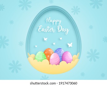 Happy Easter greeting card, poster,  Vector layered paper cut .Colorful Easter eggs