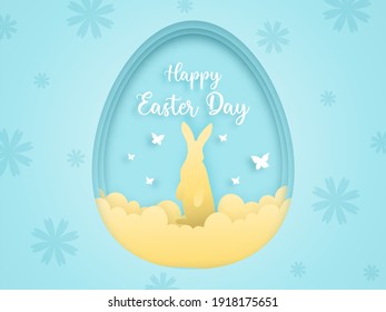 Happy Easter greeting card, poster,  Vector layered paper cut with golden bunny.