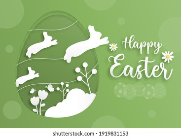 Happy Easter greeting card, poster,  Vector layered paper cut with bunny and flower.