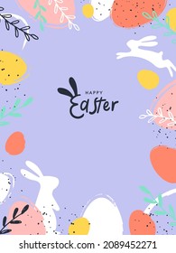 Happy Easter greeting card, poster, holiday cover, sale banner. Trendy design with typography, hand painted plants, dots, eggs and bunny, in pastel colors on light violet. Modern art minimalist style.