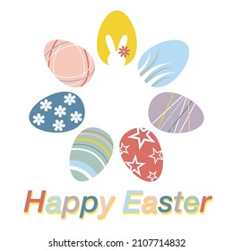 Fröhliche Ostergrußkarte, Poster, Banner und etc. Farbige Eier inklusive Bunny. Vektorgrafik.