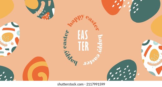 Happy Easter greeting card, poster, holiday cover or Sale banner. Trendy doodle design with typography, hand painted strokes, dots and eggs in pastel colors. Modern art minimalist style.