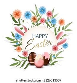 Happy Easter greeting card, poster. Card design template with chocolate eggs and Easter bunny ears and flowers.
