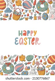 Happy Easter  greeting card, poster, print, banner, invitation, template design. Lettering quote decorated with borders of doodles. EPS 10
