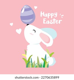 Happy Easter greeting card, poster, banner, holiday covers. Easter design with eggs, bunny, in pastel colors. Congratulations and gifts for Easter in a flat style. Easter Day. Vector design.