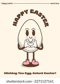 Happy Easter greeting card or poster with vintage typography. Funky retro Easter Egg with love hand gesture. Cute outline mascot character with halftone shadow for spring holiday. Vector illustration.