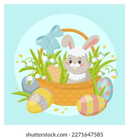  Feliz tarjeta de felicitación de Pascua, afiche, pancarta en colores pastel.Ilustración vectorial del lindo conejito de Pascua sentado en una canasta adornada con cintas y flores de primavera rodeadas de huevos de Pascua