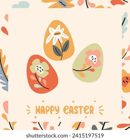 Happy Easter greeting card, poster, cover. Floral eggs and floral frame. Doodle design with hand drawn lettering