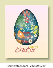 Feliz tarjeta de felicitación de Pascua, afiche, fondo, volante.  Huevos pintados con vidrio de Pascua. Patrón de presentación, folleto, pancarta, plantillas