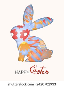 Feliz tarjeta de felicitación de Pascua, afiche, fondo, volante. Conejo conejo conejo conejo y huevos pintados de vidrio de Pascua. Patrón de presentación, folleto, pancarta, plantillas