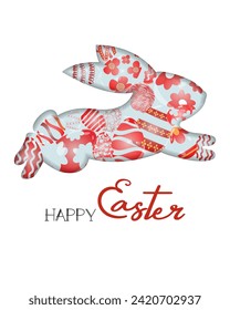 Happy Easter greeting card, poster, background, flyer. Bunny rabbit and Easter glass painted eggs. Pattern for presentation, brochure, banner, templates