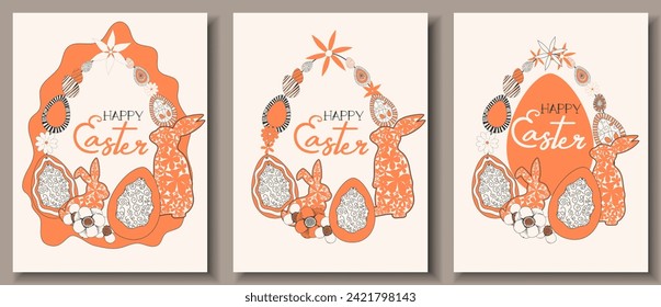 Happy Easter greeting card, poster, background, flyer set. Easter painted eggs rabbit bunny black orange white. Pattern for presentation, brochure, banner, templates