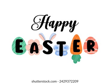 Happy Easter greeting card, poster. Spring doodle elements eggs, flower, bunny, carrot. Cute Easter celebration vector illustration. 