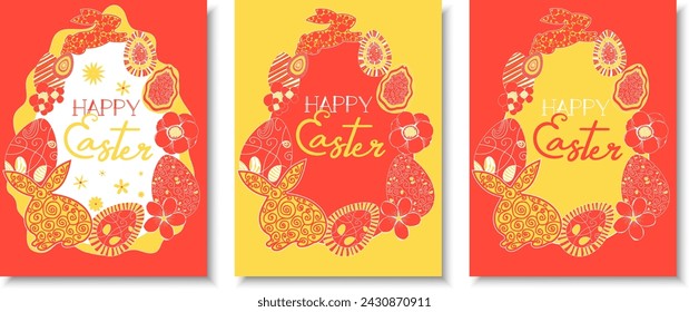Happy Easter greeting card, poster, background, flyer set. Easter painted eggs rabbit bunny yellow, red, white. Pattern for presentation, brochure, banner, templates