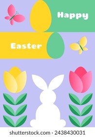 Happy Easter greeting card, poster, sale banner. Trendy minimalist style design template with easter bunny, tulips, butterflies and painted easter eggs. Vector illustration