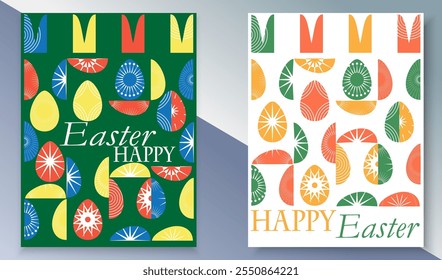 happy Easter greeting card poster set. Easter eggs, bunny ears Simple flat organic line, contemporary mid century design banner, web, invite posters template Layout