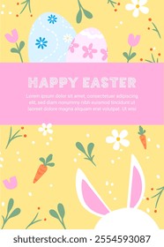 Happy Easter. Greeting card or poster with bunny, flowers, carrots and Easter egg. Egg hunt poster template. Spring background. vector illustration