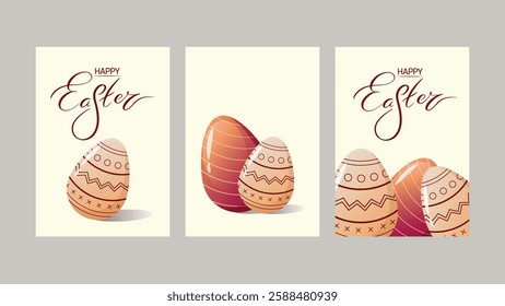 Happy Easter Greeting Card or Poster Collection. Ester Egg decorated with ornament pattern, Hand Lettering Easter word. Horizontal Banner, Cover, or Website Header.