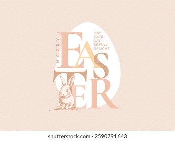 Happy Easter greeting card, poster, cover, web or social media banner. Art design with modern typography, hand drawn Easter bunny and egg in pastel colors with trendy warming brown shades.