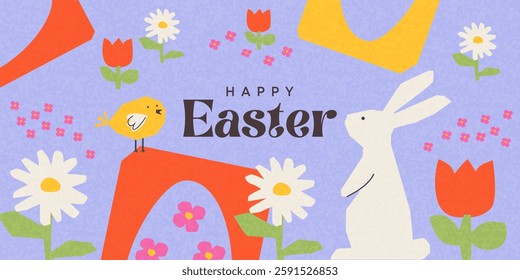 Happy Easter greeting card, poster, holiday cover or web banner. Trendy design with typography, hand drawn flowers, abstract shapes, eggs, Easter bunny, chick. Modern art style template for ads, print