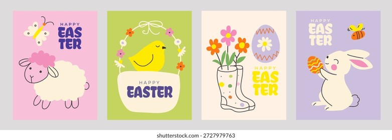 Happy Easter greeting card and poster set with hand drawn eggs, bunny and spring flowers in abstract doodle style. Festive vector clipart collection for holiday backgrounds, prints, banners