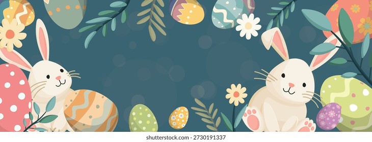 Happy Easter greeting card, poster or banner horizontal template illustration have blank space.