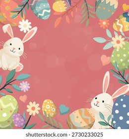 Happy Easter greeting card, poster or banner with pink background square template illustration have blank space.