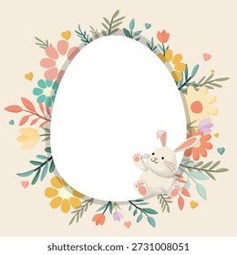 Tarjeta de felicitación de Pascua feliz, cartel o Anuncio con marco de forma de huevo en blanco ilustrado estilo dibujado a mano.