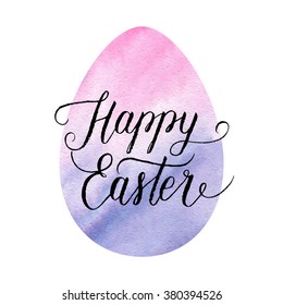 Happy Easter greeting card, poster with Rose quartz and serenity watercolor egg. Vector background with hand lettering. 