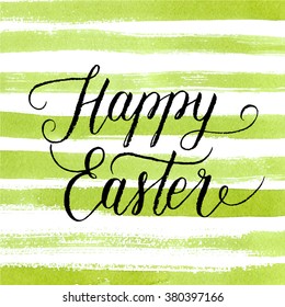 Happy Easter greeting card, poster for Easter. Vector background with hand lettering, green watercolor abstract paint texture. 