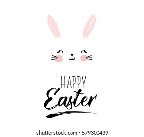 Happy Easter greeting card, poster, with cute, sweet hand drawn watercolor bunny