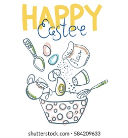 Happy Easter greeting card, poster, with cooking process, good for modern design, seamless pattern, Vector