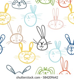 Happy Easter greeting card, poster, with cute, sweet hand drawn bunny, good for modern design, seamless pattern, Vector