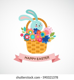 Happy Easter greeting card, poster, with cute, sweet hand drawn watercolor bunny