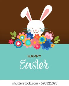 Happy Easter greeting card, poster, with cute, sweet bunny and flowers