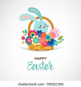 Happy Easter greeting card, poster, with cute, sweet hand drawn watercolor bunny