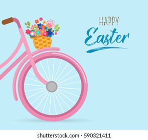 Happy Easter greeting card, poster, with cute, flowers in the bicycle basket