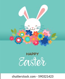 Happy Easter greeting card, poster, with cute, sweet bunny and flowers