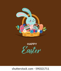 Tarjeta de felicitación de Pascua feliz, afiche, con lindo, dulce conejito de acuarela dibujado a mano