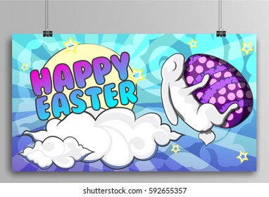 Happy Easter greeting card. Poster on the wall. Colorful picture with sun clouds and sleepy bunny with egg.