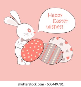Happy Easter greeting card, poster, with cute, sweet bunny and eggs