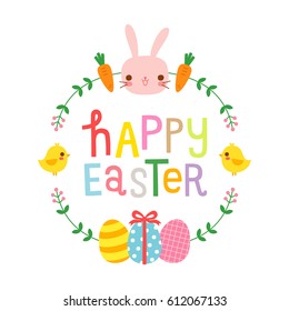 Happy easter greeting card, poster, party invitation with cute bunny, eggs and chickens. Isolated on white background. Children's illustration. Flat design. Vector Illustration.